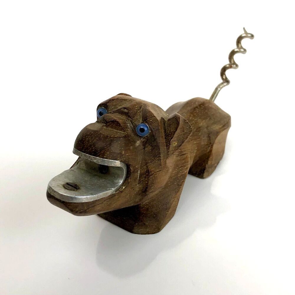 VTG Bulldog Bottle Opener  Corkscrew Hand Carved Wood France Blue Glass Eyes